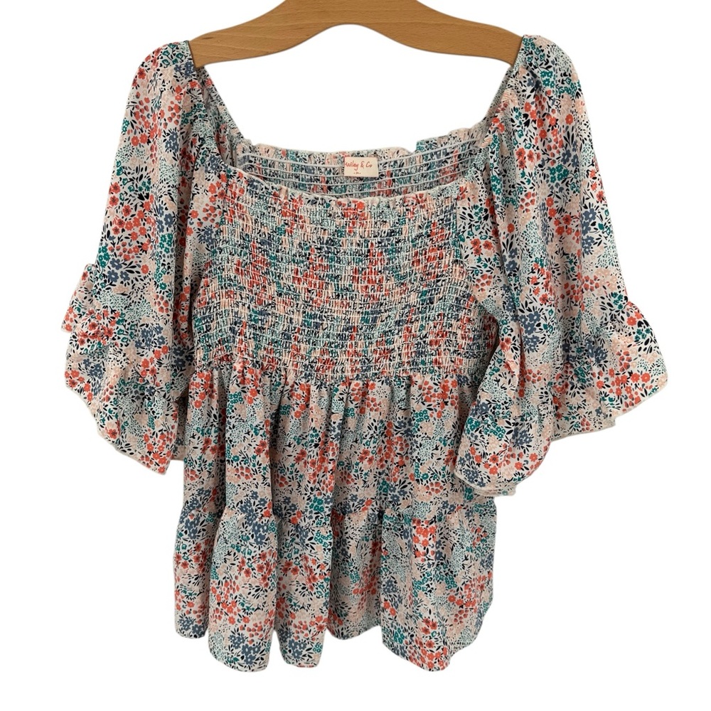 Hailey & Co Pink Floral Flowey Sleeve Ruffle Square Neck Pink Blue